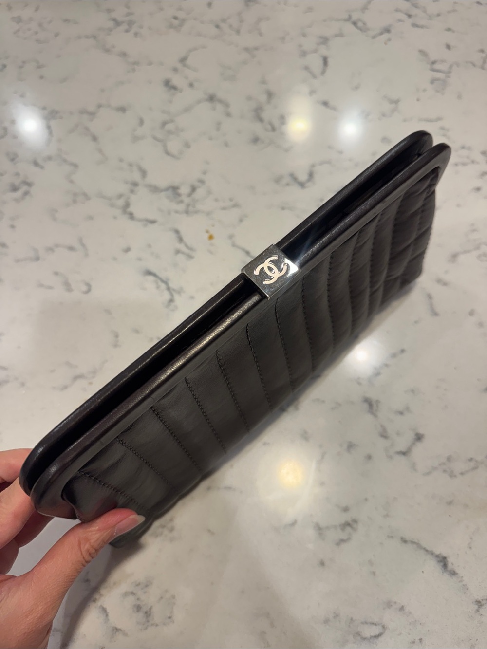CHANEL Black Quilted Leather Clutch with Silver CC Turn-Lock